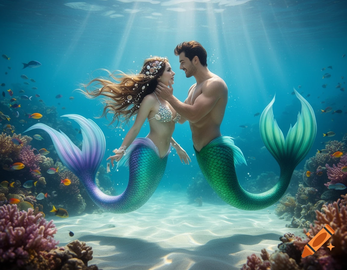 A photorealistic depiction of a male and female mermaid embracing intimately underwater amidst a vibrant coral reef with sunlight filtering through.