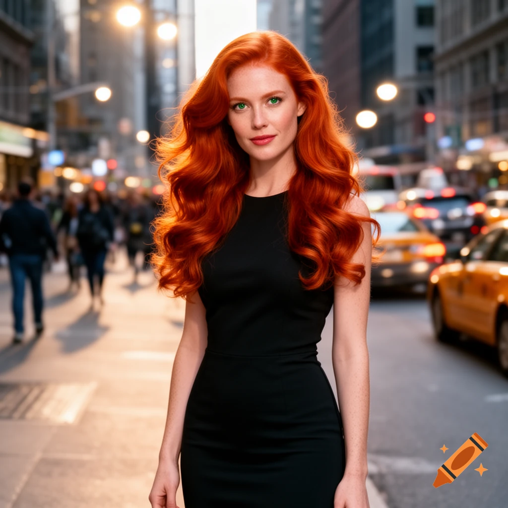 Photorealistic portrait of a woman with long red hair and a black dress ...