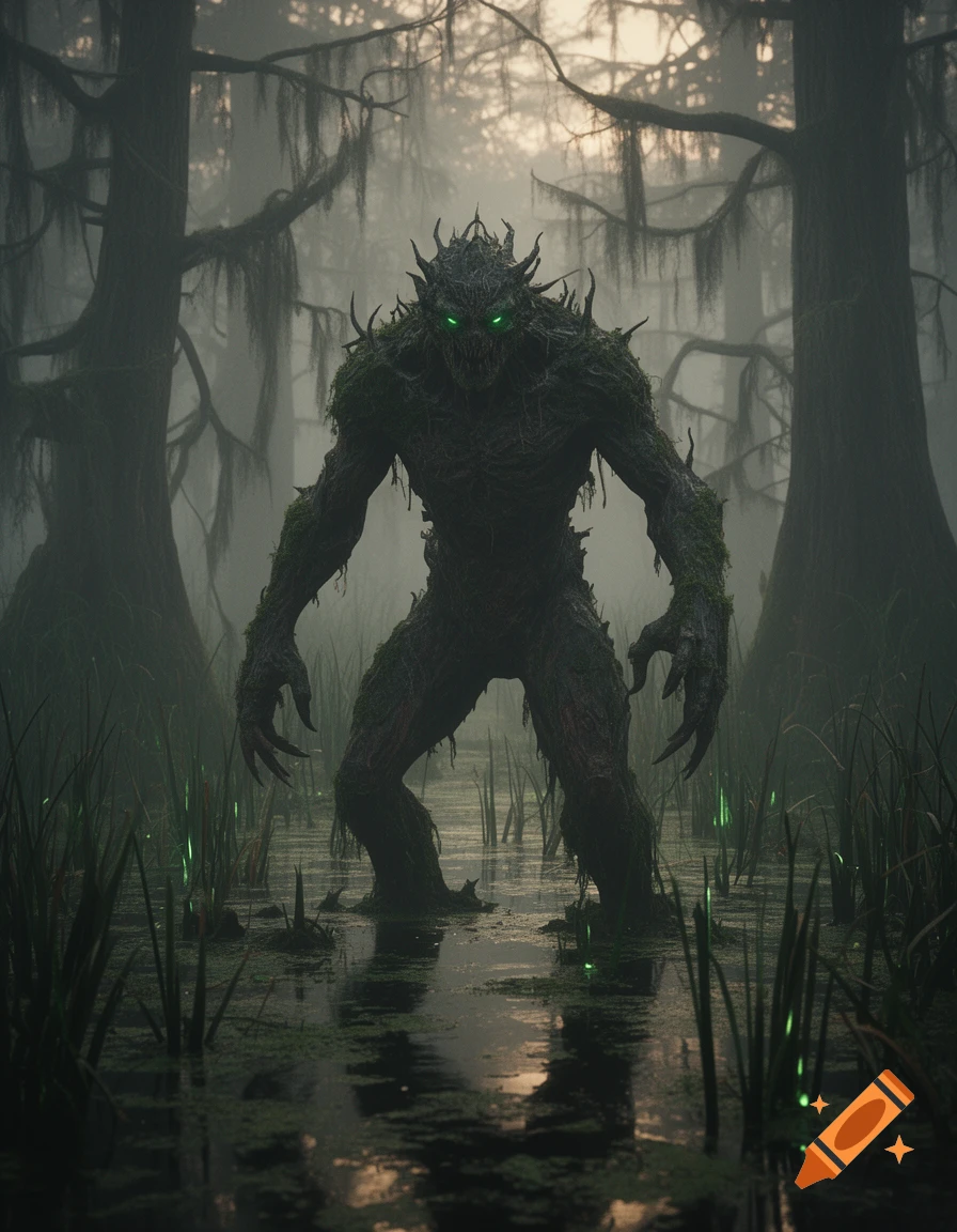A dark, moss-covered swamp monster with glowing green eyes stands in a misty, waterlogged forest, photorealistic.
