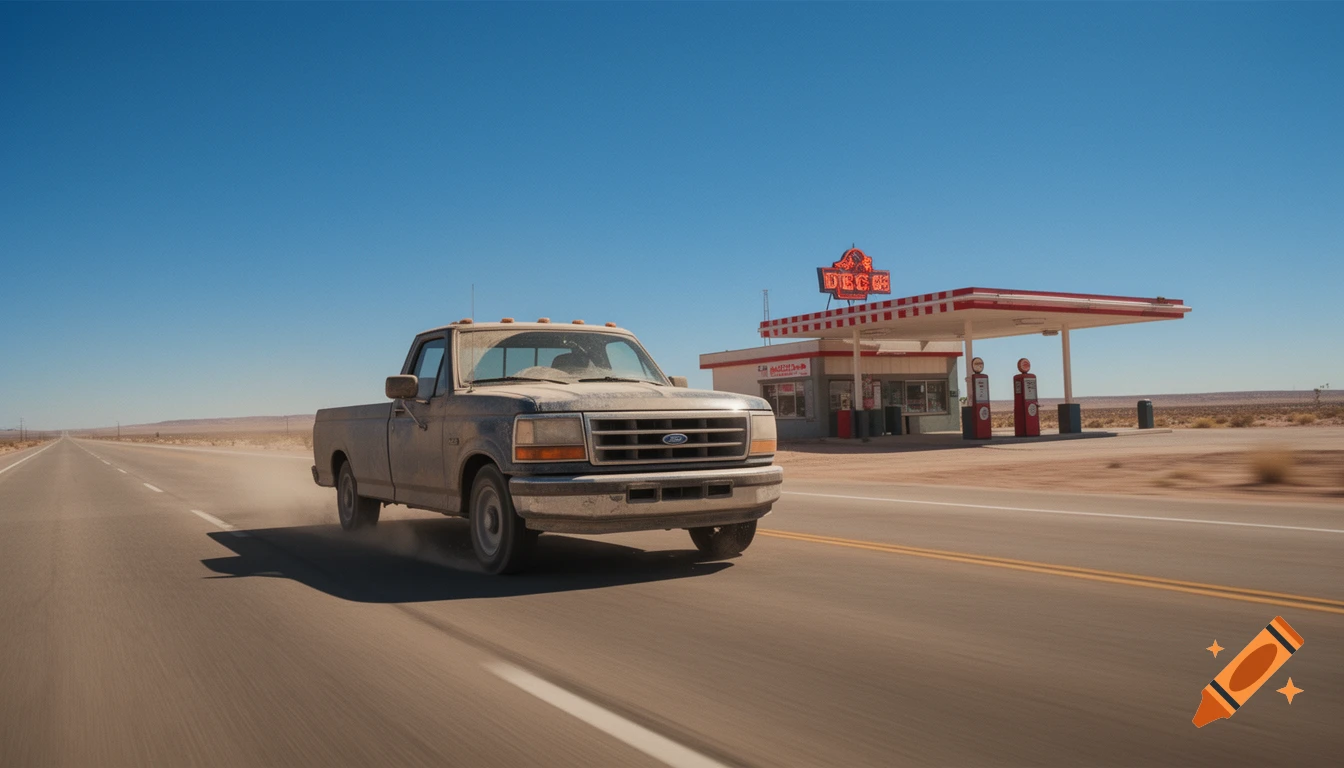A dusty Ford pickup truck drives down a long desert highway past a vintage gas station under a clear blue sky.