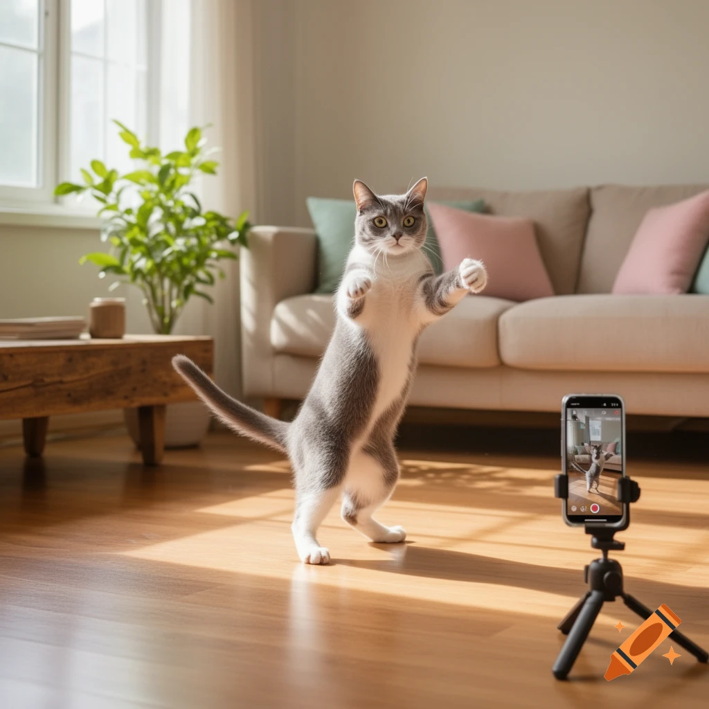 A grey and white cat stands on its hind legs in a bright living room, posing in front of a smartphone on a tripod, appearing to film a social media video.