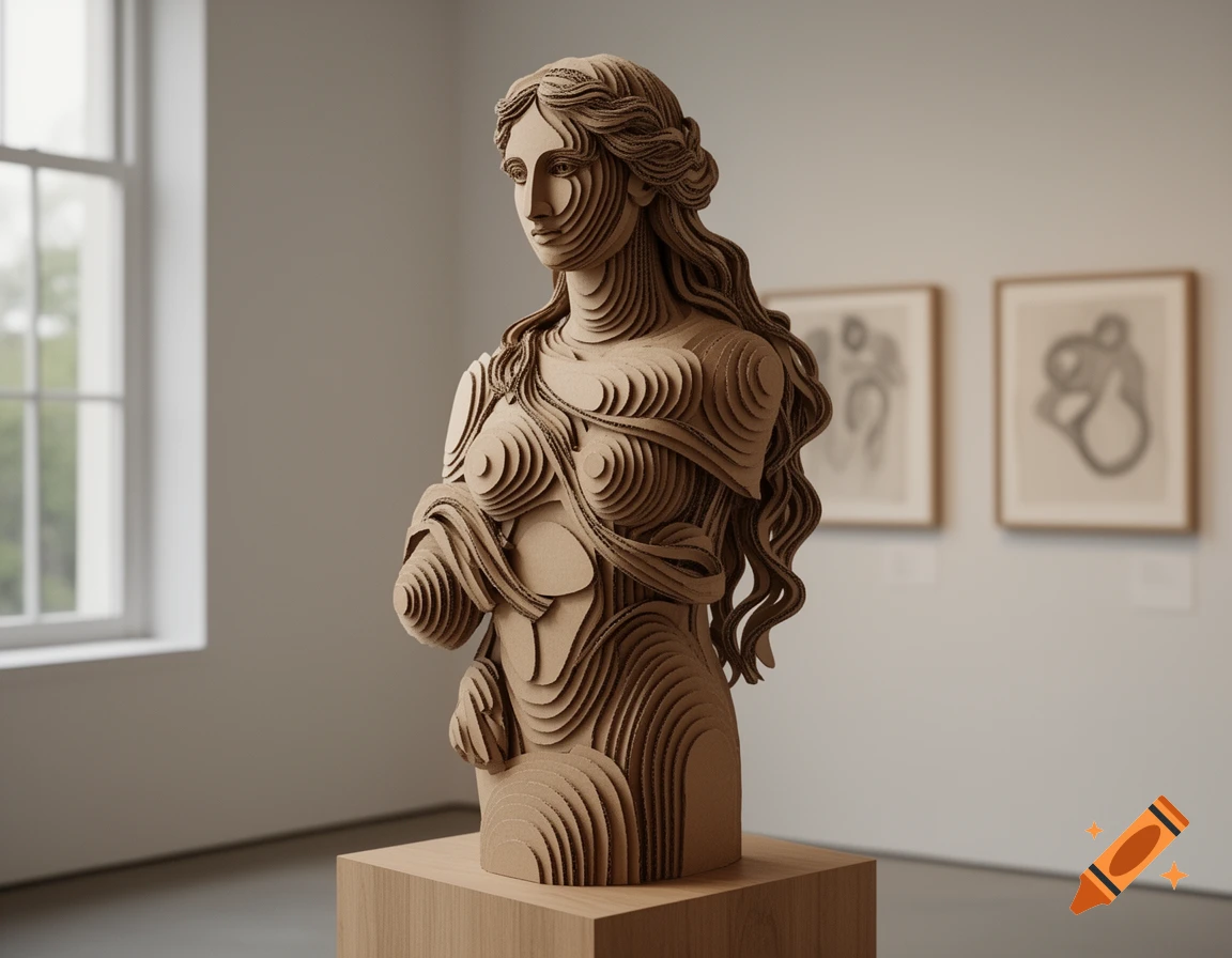 A layered cardboard sculpture of a woman's bust displayed in a bright museum gallery.