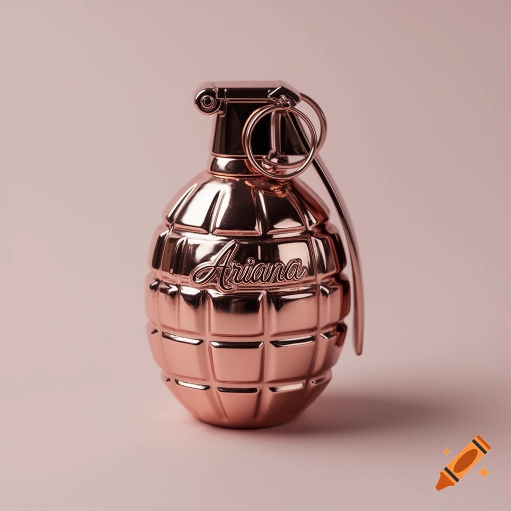 A shiny rose gold grenade with 'Ariana' engraved on its side, against a pink background.