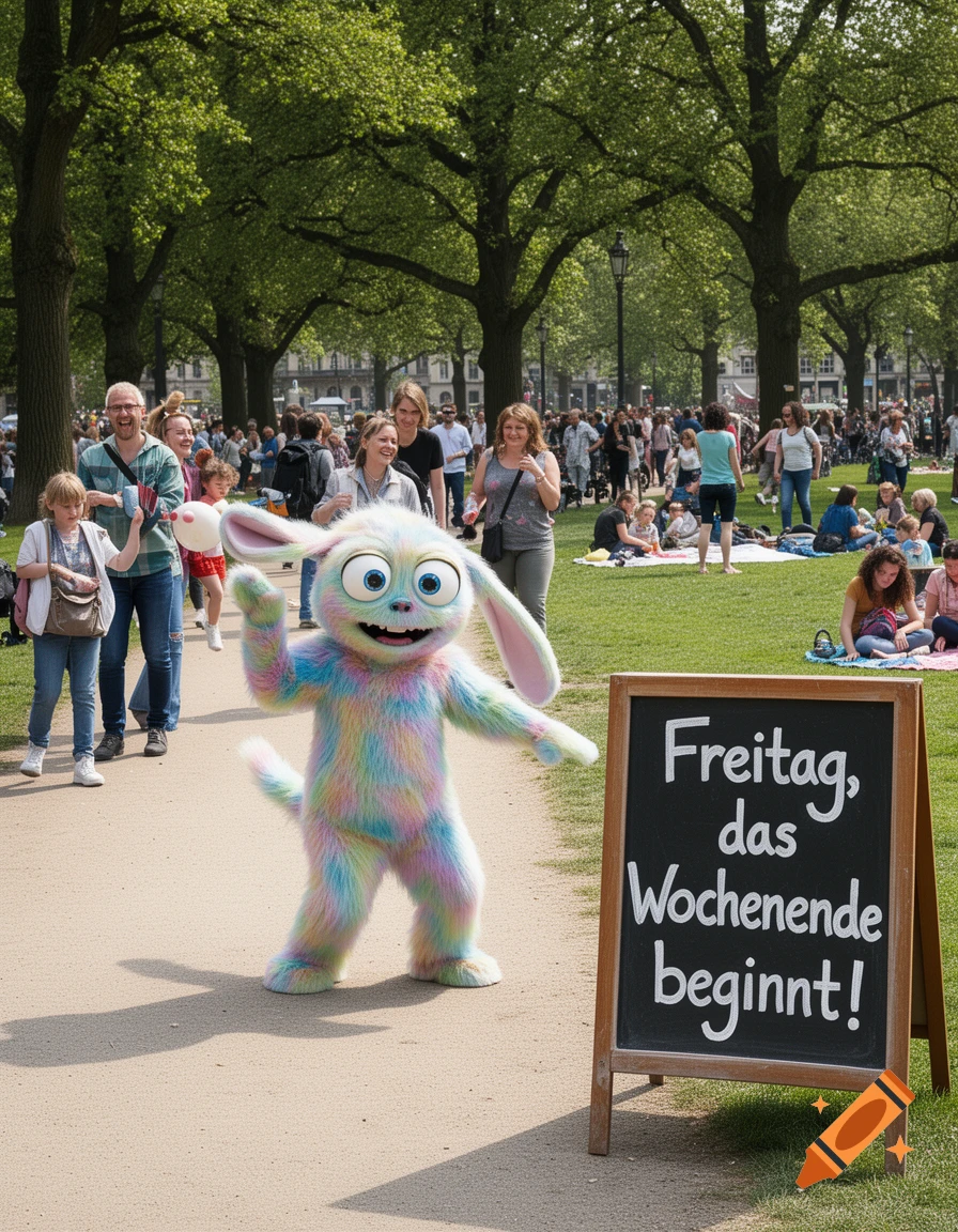 A cheerful, rainbow-colored furry creature waves on a park path, next to a sign reading 'Freitag, das Wochenende beginnt!', with people and trees in the background.