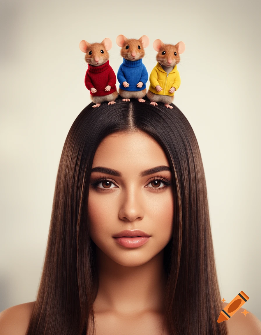 A young woman with long, straight dark hair looks directly at the viewer, with three small mice wearing red, blue, and yellow sweaters standing on top of her head.
