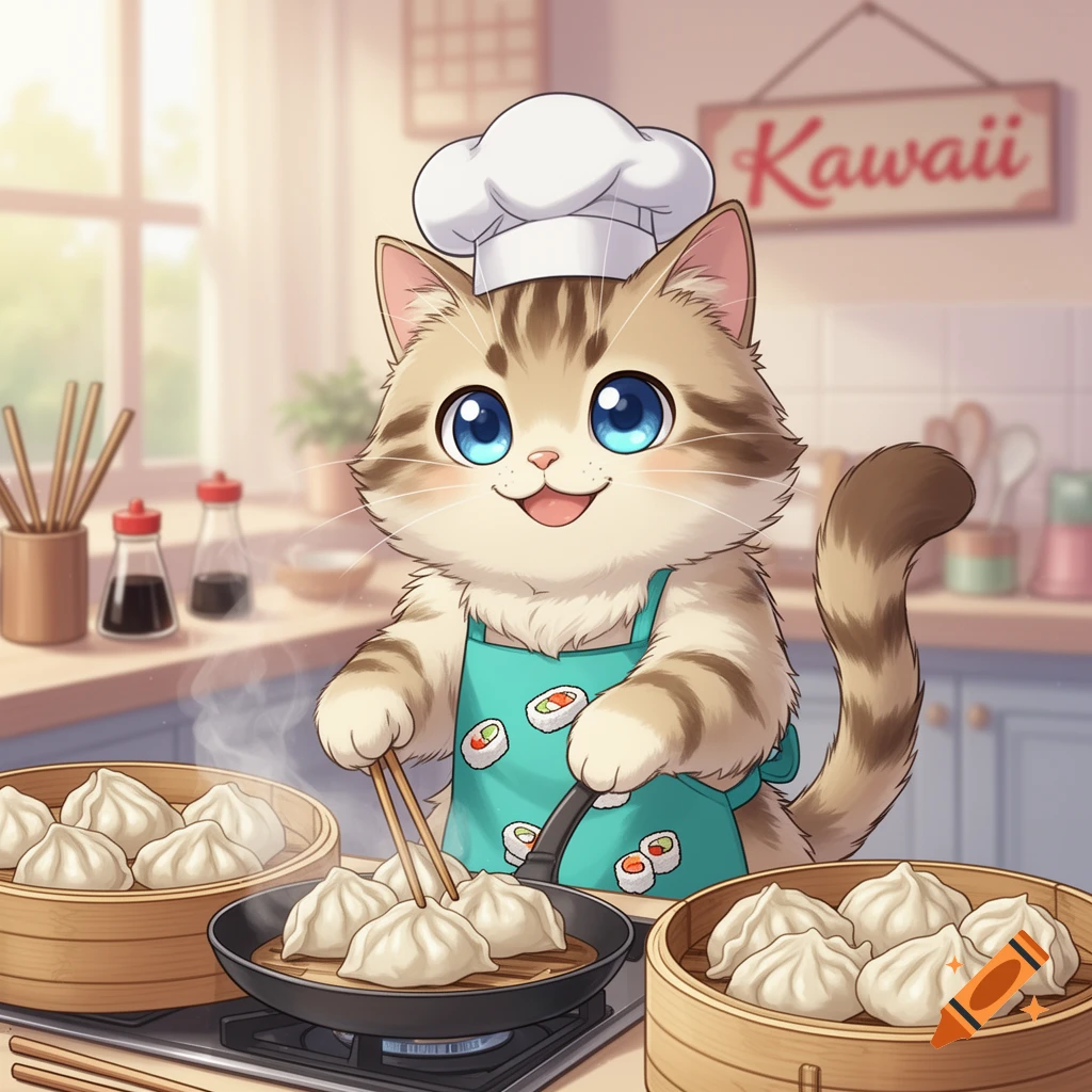 A cute cartoon cat chef in a sushi apron happily cooks dumplings in a sunny kitchen.