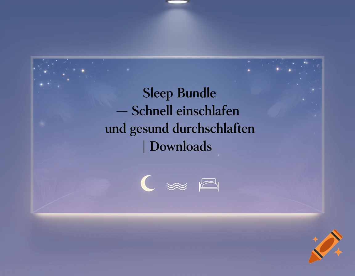 A glowing billboard on a blue wall advertises a 'Sleep Bundle' with German text and icons of a moon, waves, and a bed.