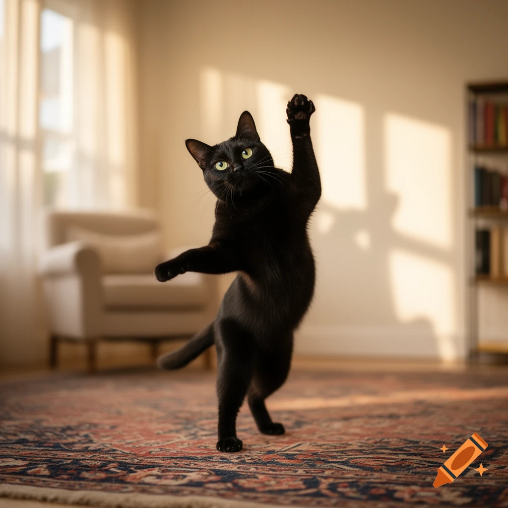 A black cat stands on its hind legs with one paw raised, appearing to dance on a patterned rug in a sunlit room.
