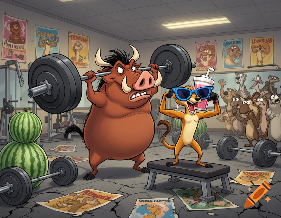 A cartoon warthog strains lifting oversized barbells while a meerkat in sunglasses poses with a drink in a humorous gym, surrounded by other animals.