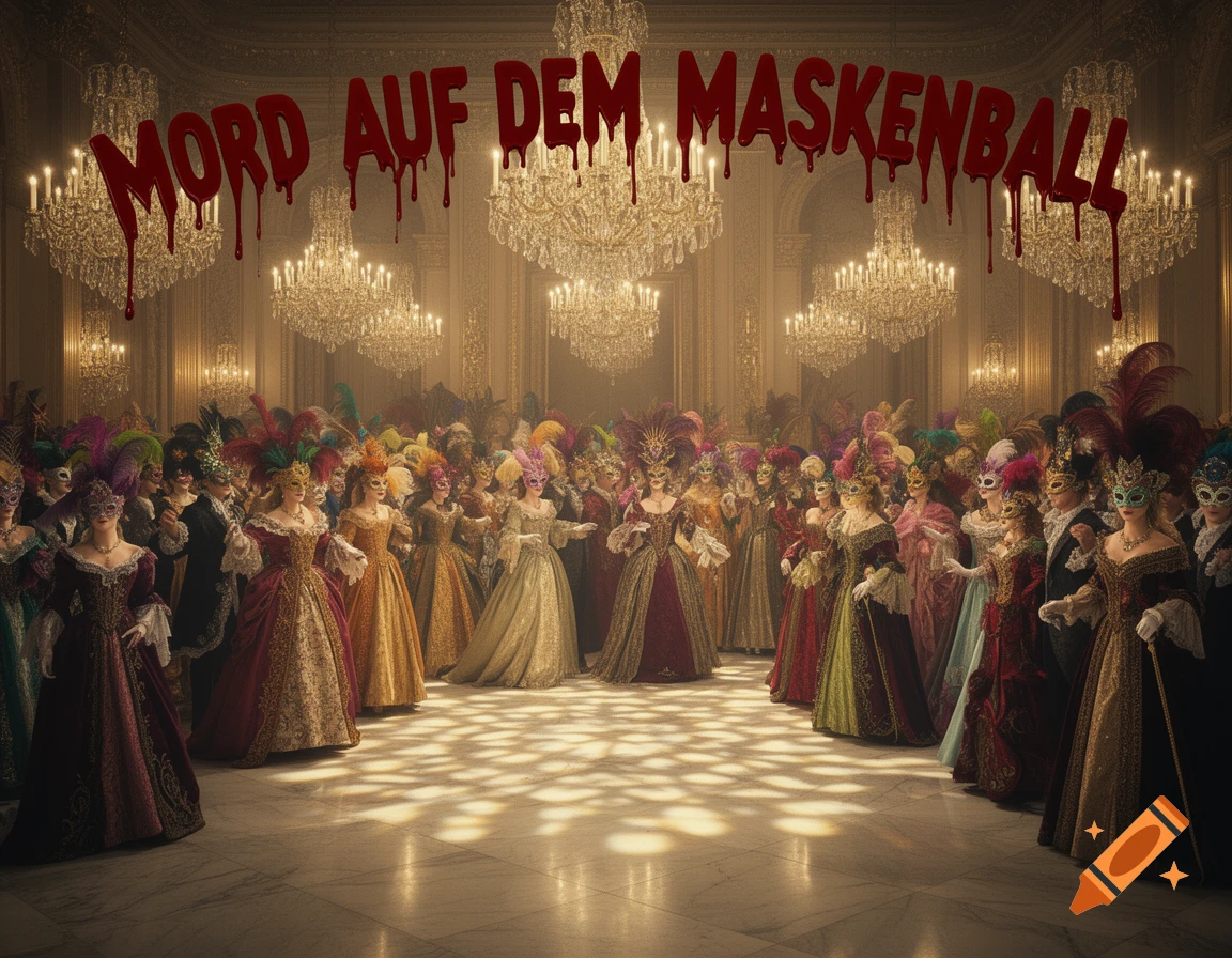 Elegant masquerade ball in a grand ballroom with guests in elaborate costumes and masks, topped by bloody text 'Mord auf dem Maskenball'.