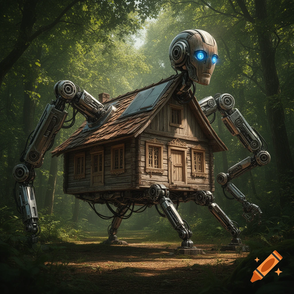 A rustic wooden cabin house with robotic limbs and a robot head with glowing blue eyes, walking through a lush green forest.