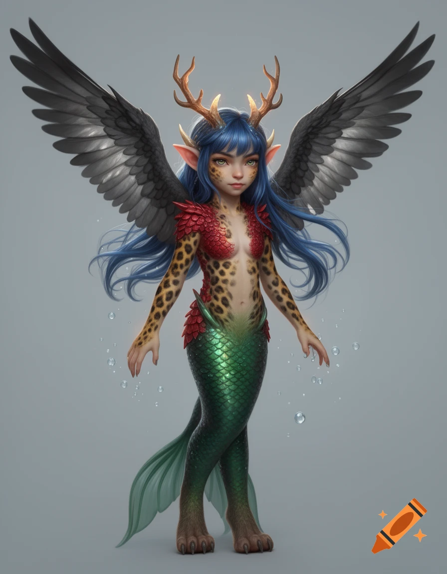 A fantasy creature with blue hair, antlers, black wings, leopard spots, red scales, green mermaid tail, and paw-like feet, with water bubbles around.