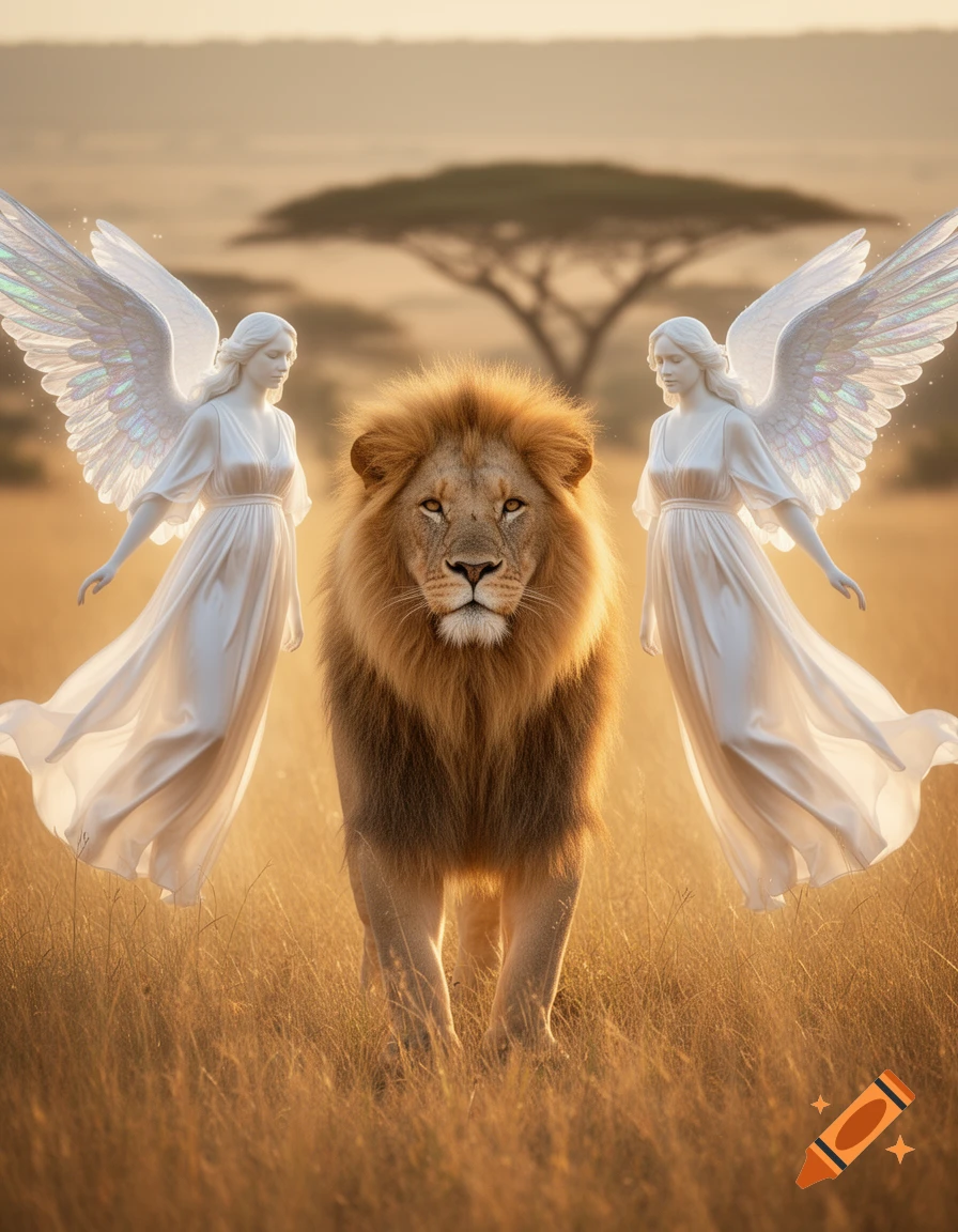 A majestic lion stands centered in a golden savanna, flanked by two ethereal angels with iridescent wings, under a soft sunset sky.