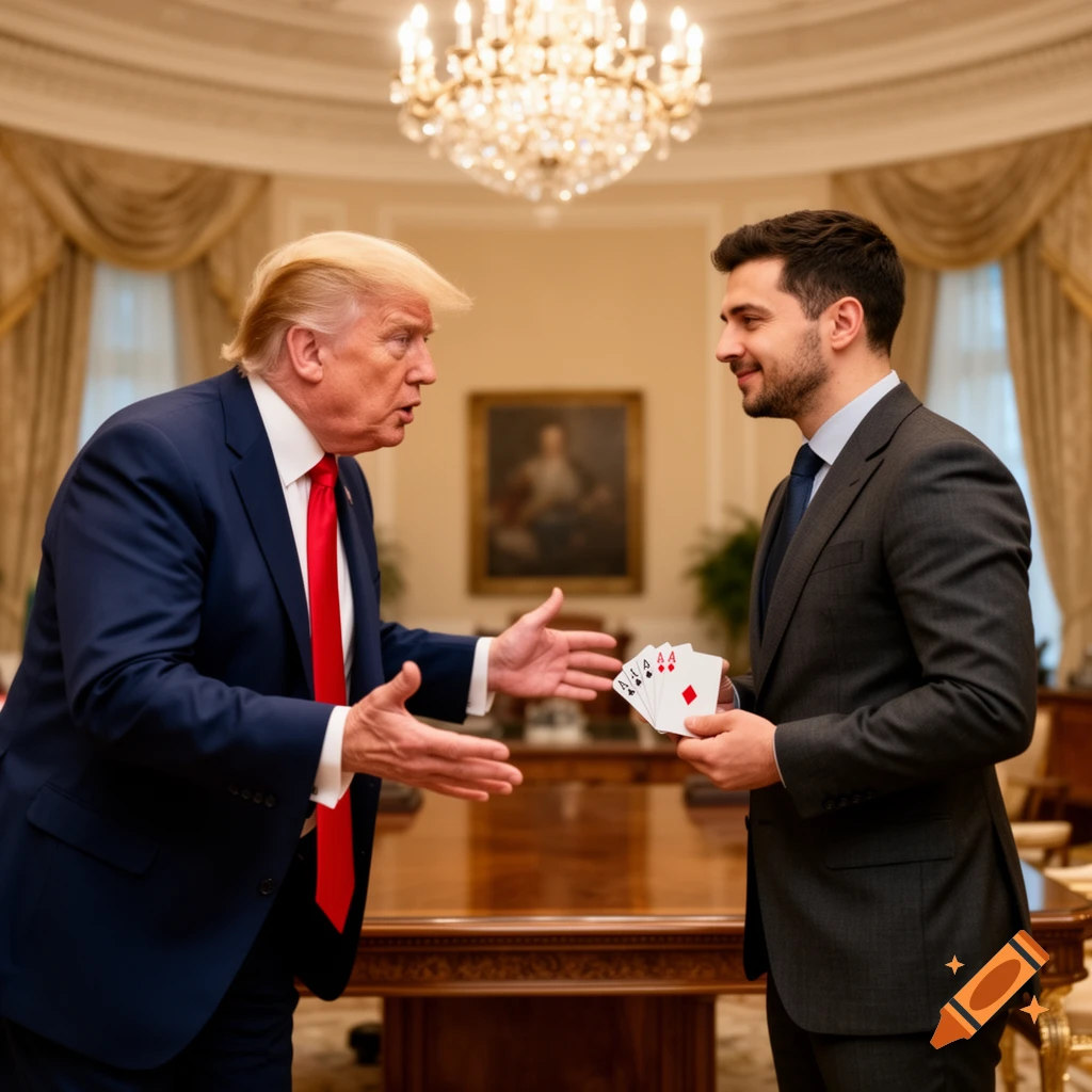 Donald Trump gestures emphatically towards a smiling man resembling Zelensky, who holds four ace playing cards in a formal office setting.
