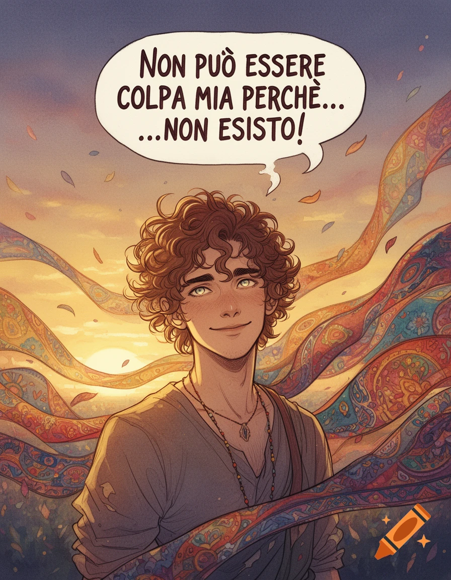 An illustrated young man with curly hair smiles under a speech bubble that says 'It can't be my fault because... I don't exist!', surrounded by colorful flowing fabrics and a sunset.