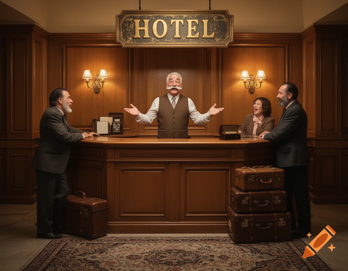 A moustached hotelier welcomes guests at a vintage wood-paneled hotel lobby, with suitcases on a patterned rug.