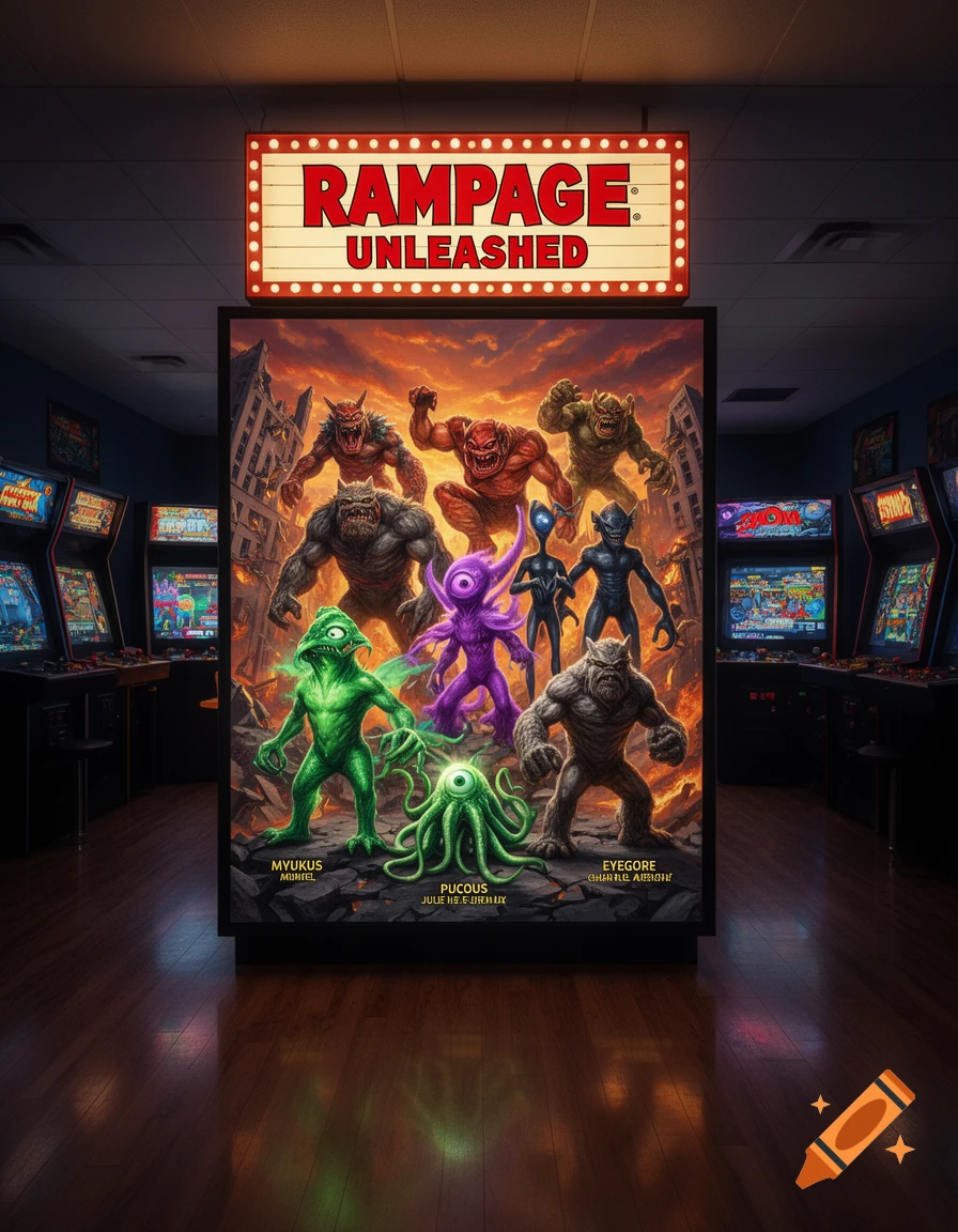 An arcade game with a "Rampage Unleashed" marquee above it, showing various stylized monsters on the screen in a destroyed city landscape, set in a dimly lit arcade room.