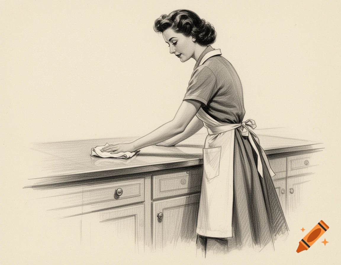 A sketch of a vintage housewife cleaning a kitchen countertop with a rag.