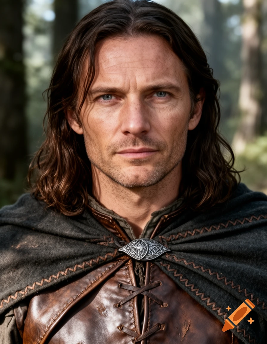 Photorealistic portrait of a rugged man with long dark hair and blue eyes, wearing medieval ranger clothing, in a forest.