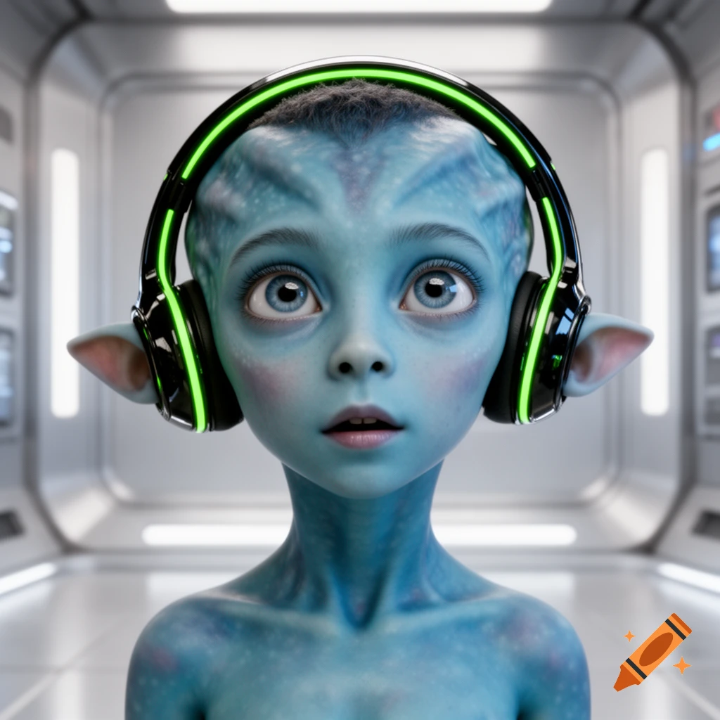 A photorealistic blue alien child with large eyes wearing green-glowing headphones in a futuristic spaceship corridor.