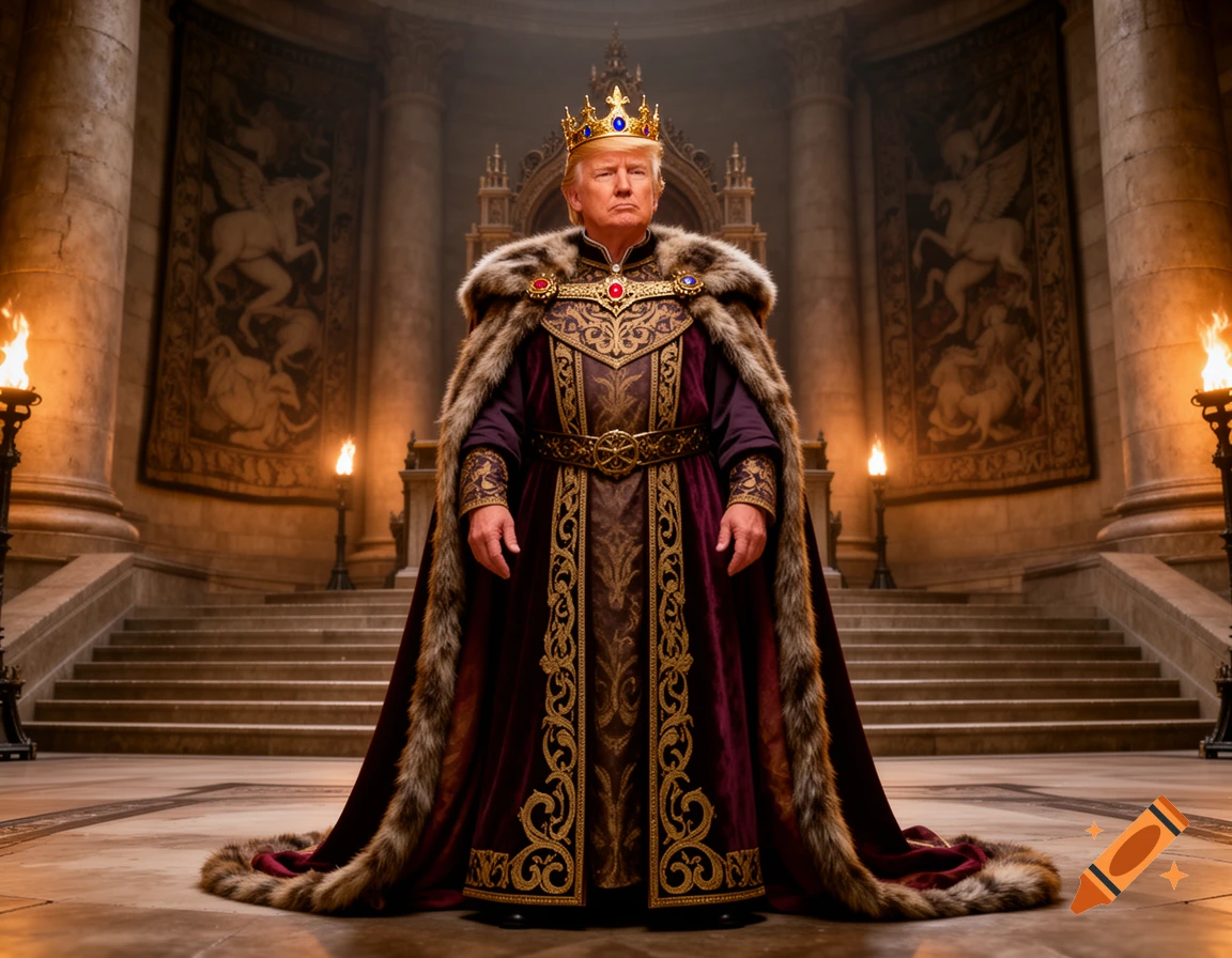 Photorealistic image of Donald Trump dressed as an emperor with a crown and fur-trimmed robe, standing in a grand stone hall.