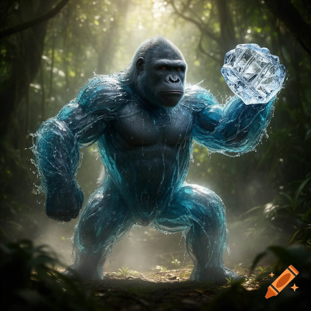 A muscular water ape with an ice fist stands in a vibrant jungle, light filtering through the canopy.