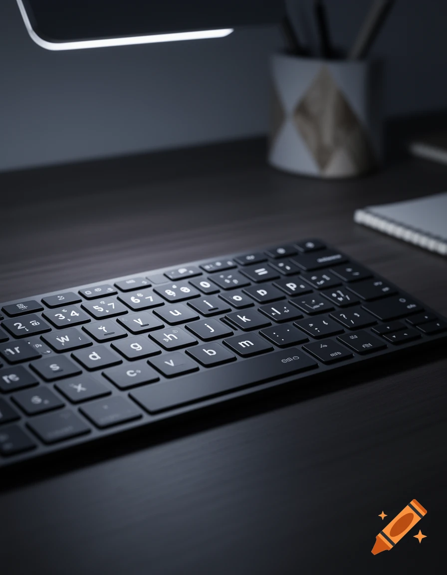 Close-up of a black multilingual keyboard with glowing white letters on a dark wooden desk, with a blurry background of office supplies.