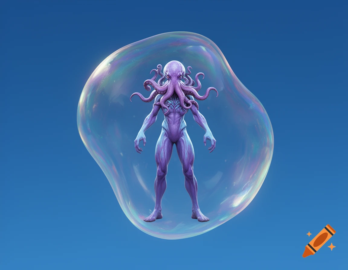 A purple and light blue octopus-headed humanoid creature stands inside a shimmering, asymmetrical bubble against a blue background.