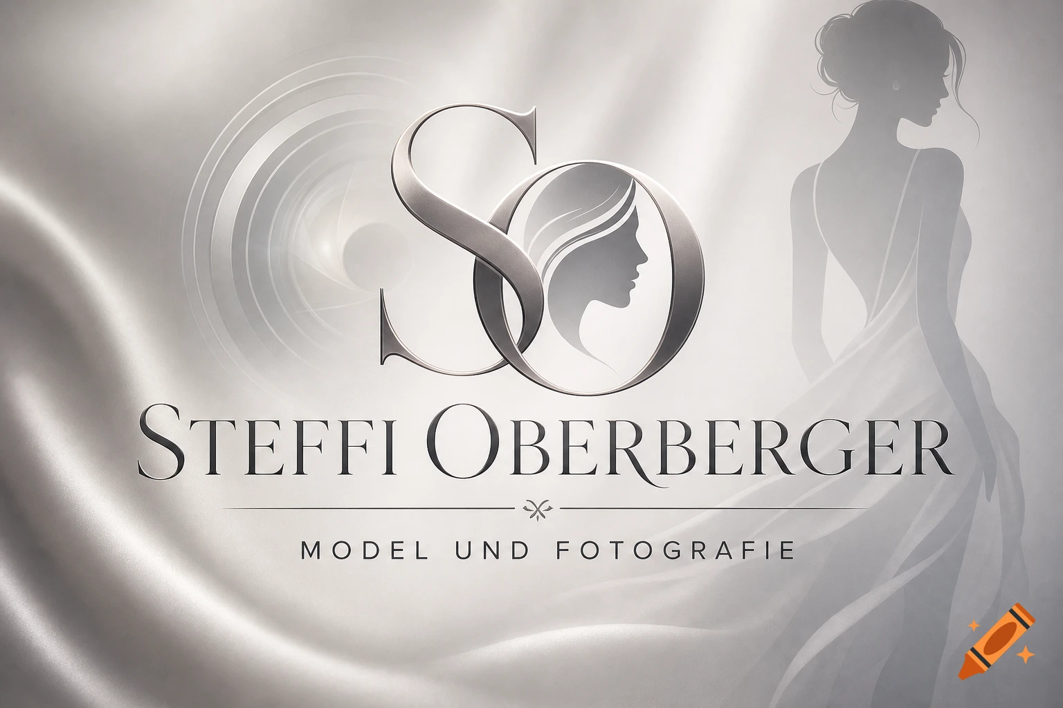 Monochromatic, elegant logo for 'Steffi Oberberger Model und Fotografie' with 'SO' initials, a female profile, and a background silhouette of a woman in a dress.