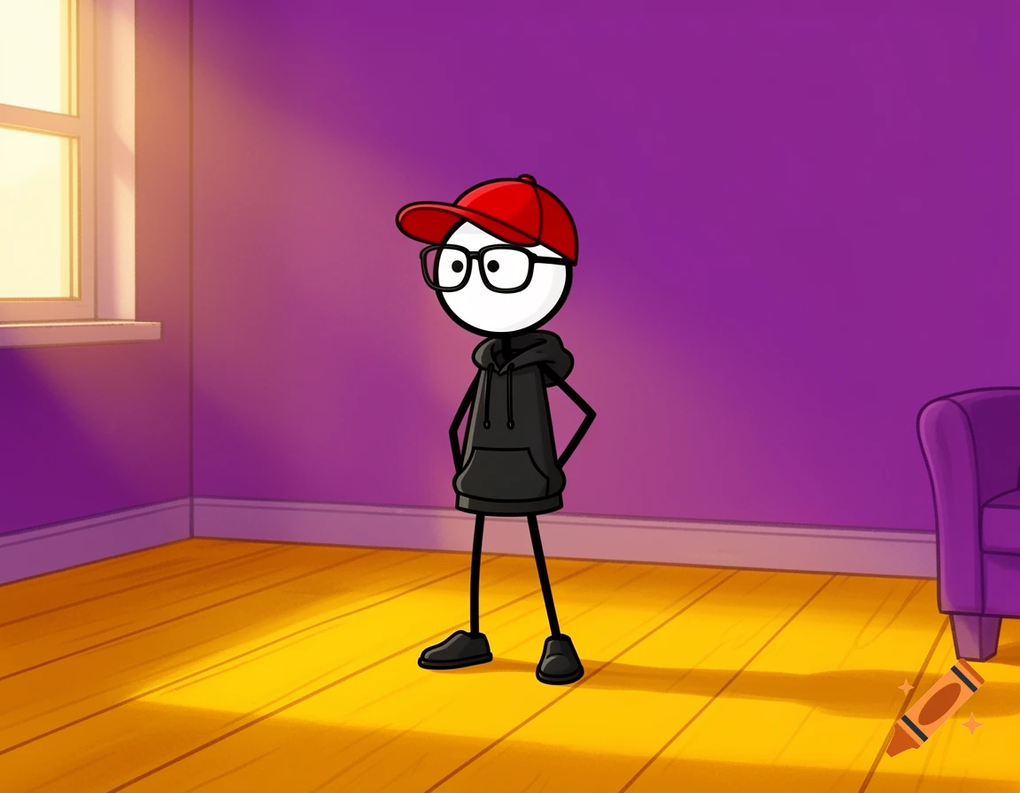 A white stickman in a black hoodie, red cap, and glasses stands in a purple room with a yellow wooden floor.