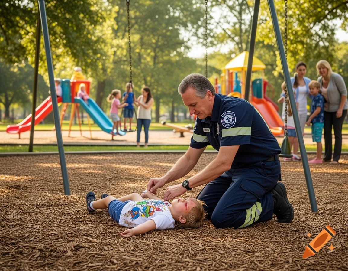 A paramedic kneels on a playground to attend to a child lying on the ground with a minor head injury, as adults and children watch in the background.