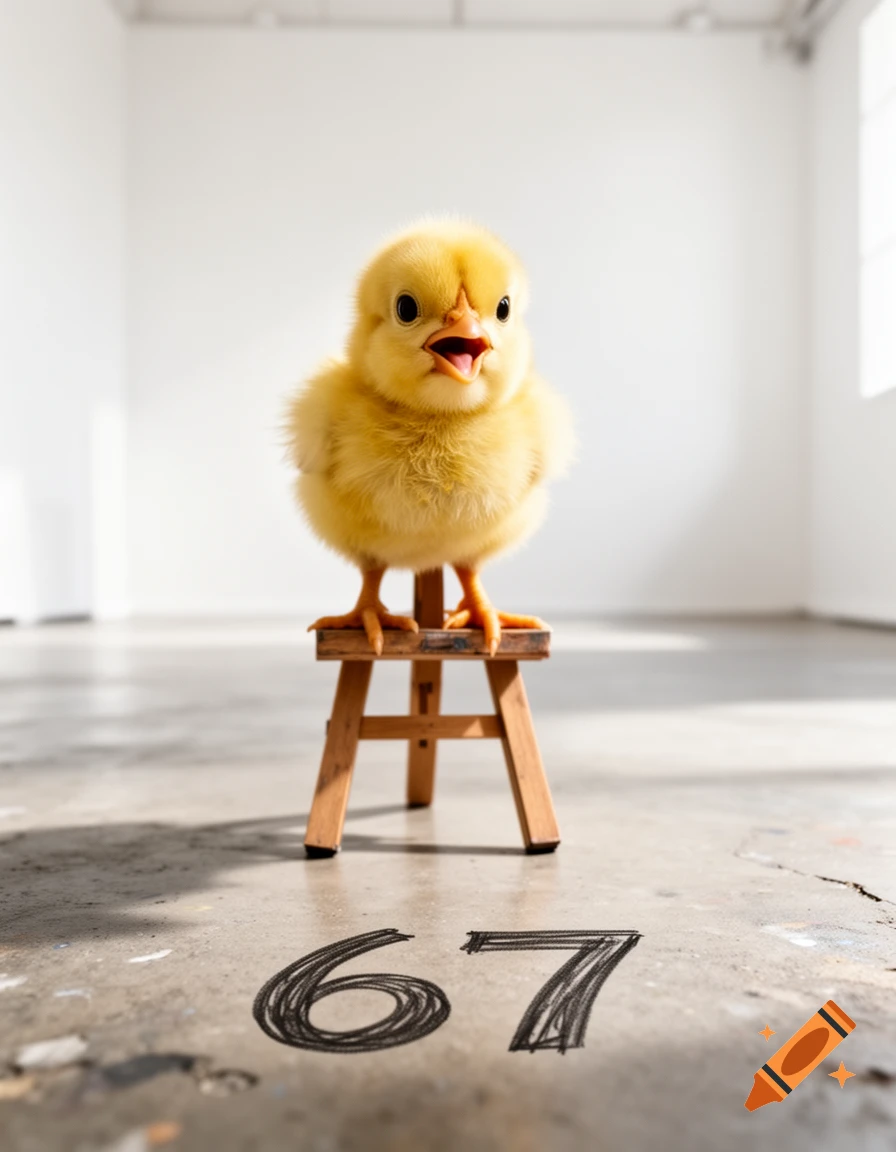 A fluffy yellow chick stands on a small wooden stool in a stark white room, with the number '67' drawn on the concrete floor.