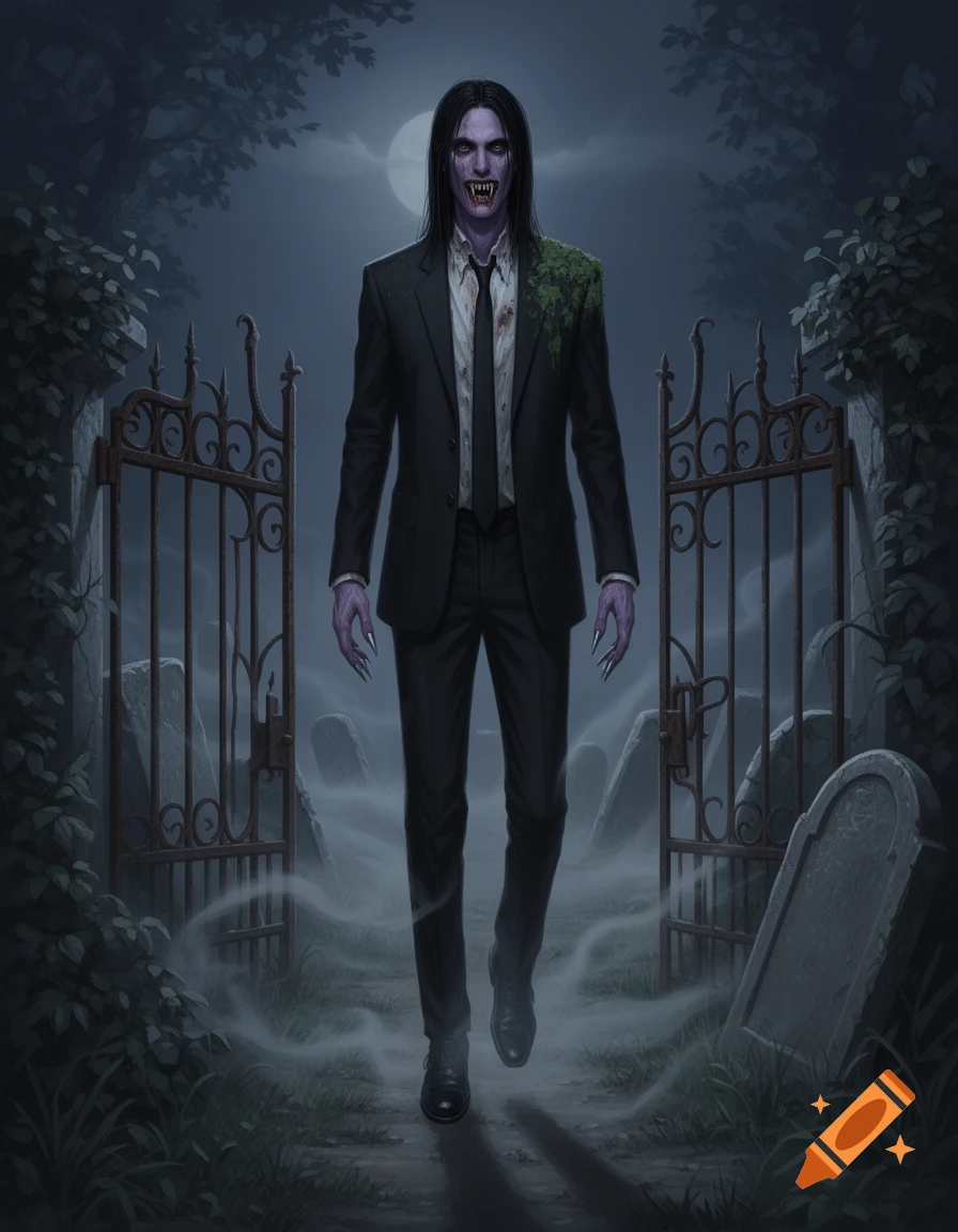 A gaunt vampire with purple-grey skin, sharp fangs, and claws, wearing a moldy black suit, floats in a misty cemetery at night.