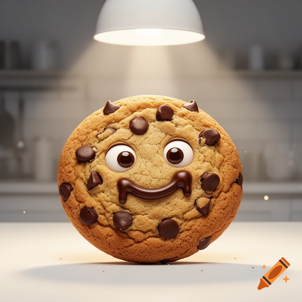 A happy chocolate chip cookie with googly eyes and a melted chocolate smile on a kitchen counter.