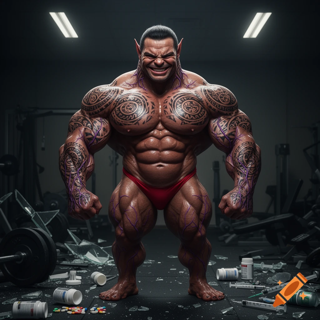 A monstrously muscular, tattooed bodybuilder with elf-like ears and an arrogant smile stands in a destroyed gym amidst scattered pills and syringes.
