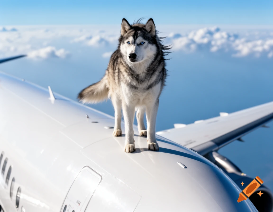 A husky dog stands on the wing of a white airplane flying high above white clouds in a blue sky, photorealistic style.
