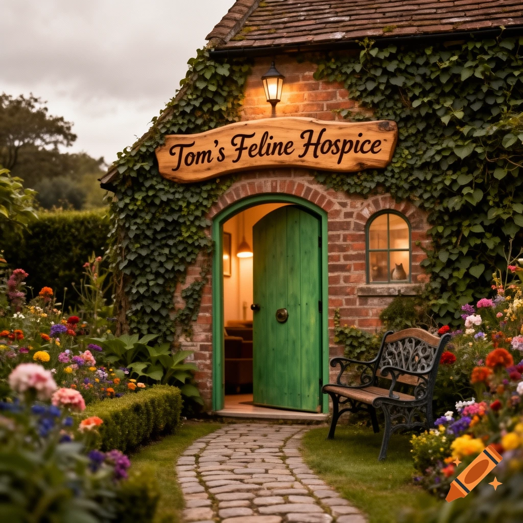 A cozy, ivy-covered brick cottage with a green door, a sign 'Tom's Feline Hospice,' a colorful garden, and a stone path. A cat is in a window.