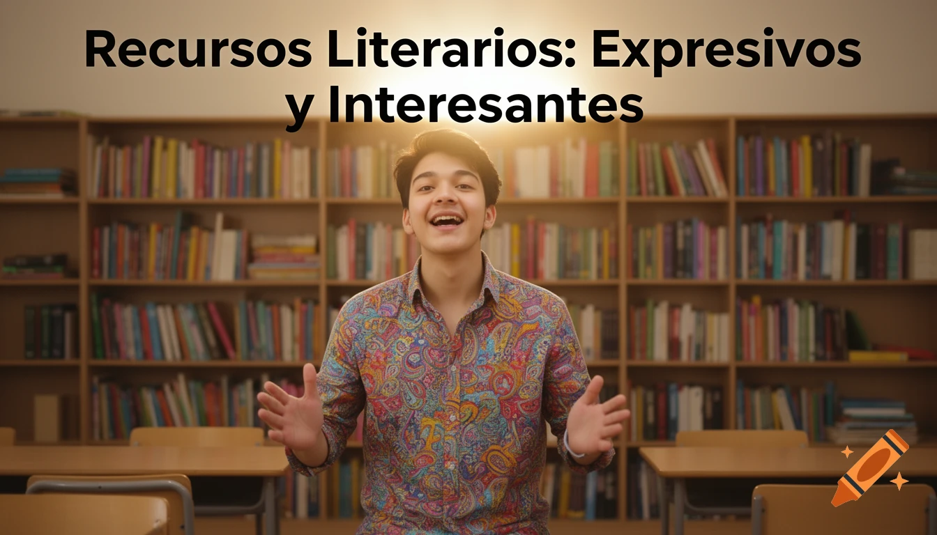A smiling young man in a colorful shirt stands in front of bookshelves, with the Spanish text 'Recursos Literarios: Expresivos y Interesantes' displayed.