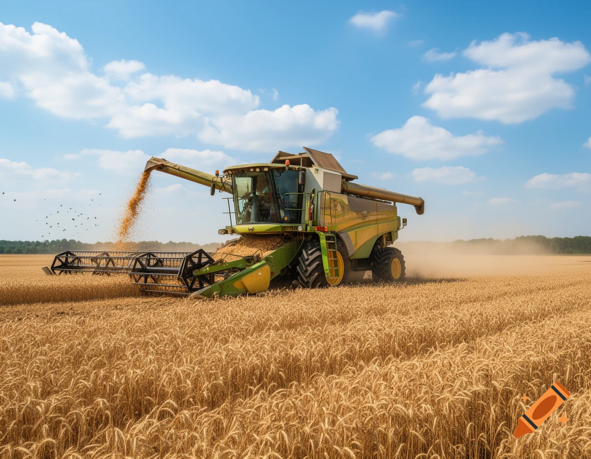 A photorealistic image of a green and yellow combine harvester working in a golden wheat field under a blue sky, with grain pouring from its spout.