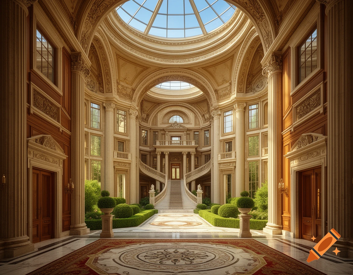 A photorealistic image of a grand, luxurious mansion interior with a central domed skylight, ornate columns, an elegant sweeping staircase, and manicured indoor greenery.