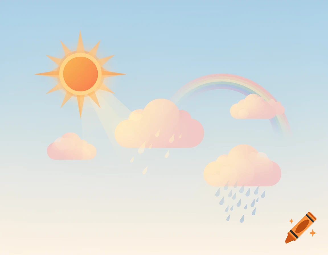 A flat vector illustration of a sunny sky with pink-hued clouds, some raining, and a subtle rainbow.