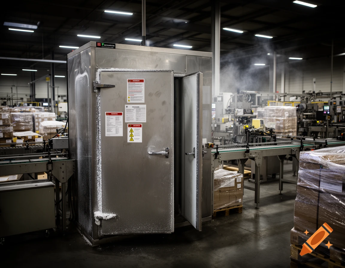A large, frosty stainless steel freezer with an open door stands in a dimly lit factory, surrounded by conveyor belts and packaged goods.