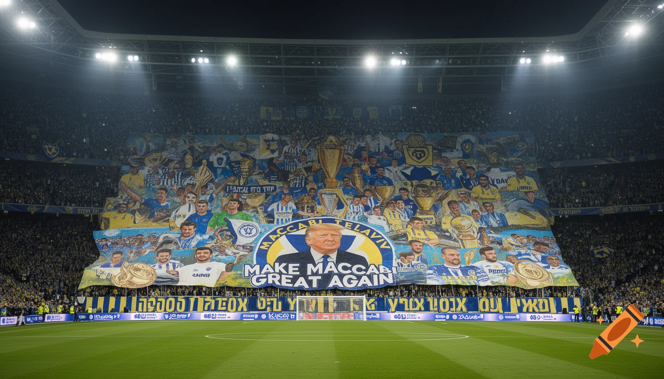 A massive banner featuring Donald Trump and the slogan "MAKE MACCABI GREAT AGAIN" held by fans in a crowded football stadium, with an illuminated green pitch in the foreground.