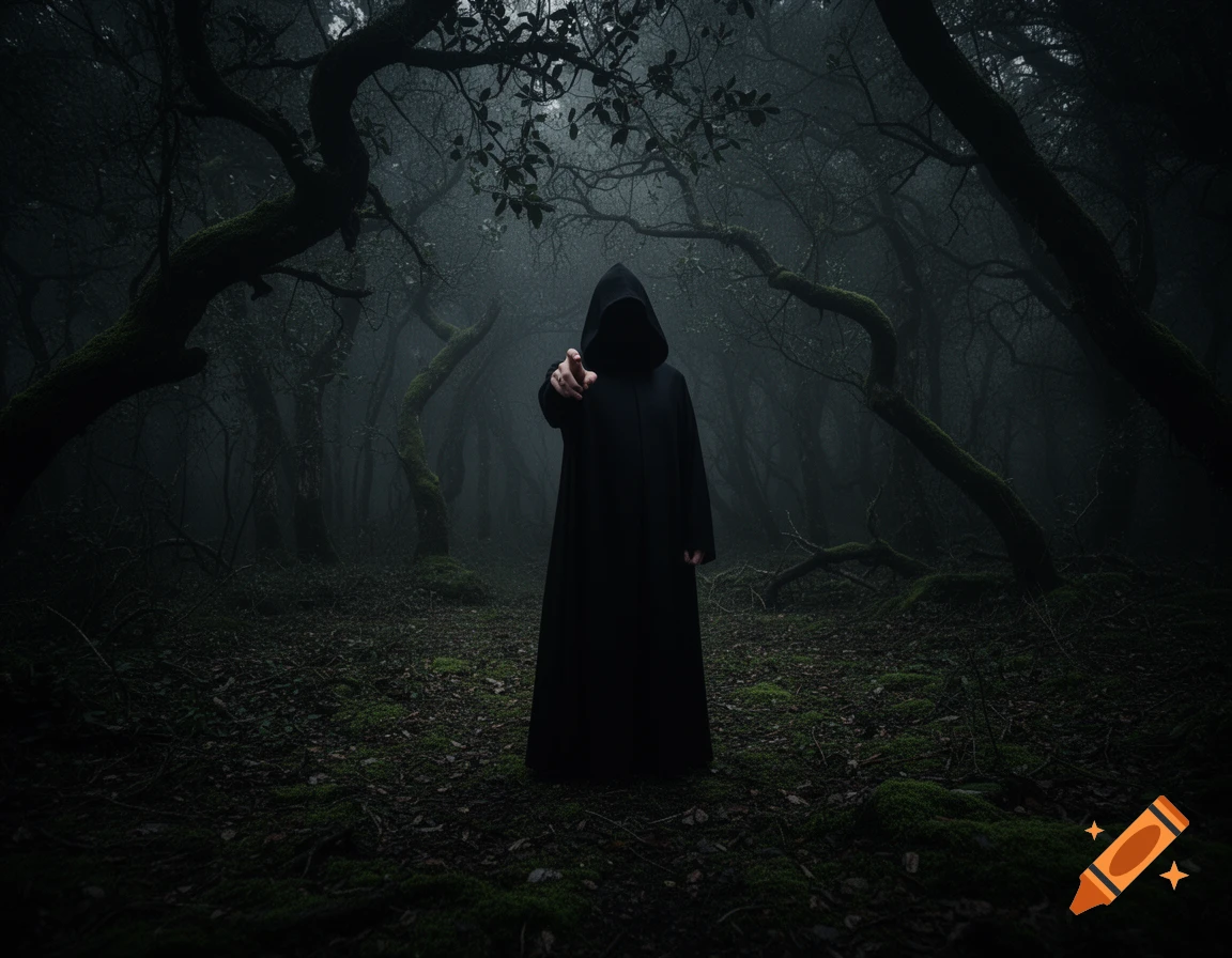 A hooded figure in a black cloak stands in a dark, misty forest, pointing directly at the viewer.