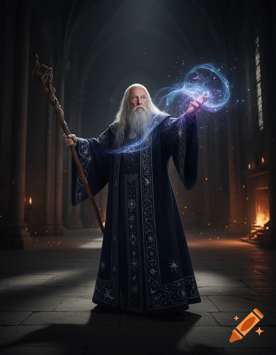A wise-looking wizard with a long white beard in an ornate dark blue robe casts a glowing blue spell, holding a gnarled staff in a dimly lit hall.