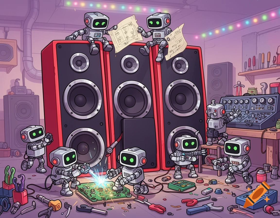 A group of small cartoon robots assembling giant red speakers in a messy workshop, with one robot welding a circuit board.