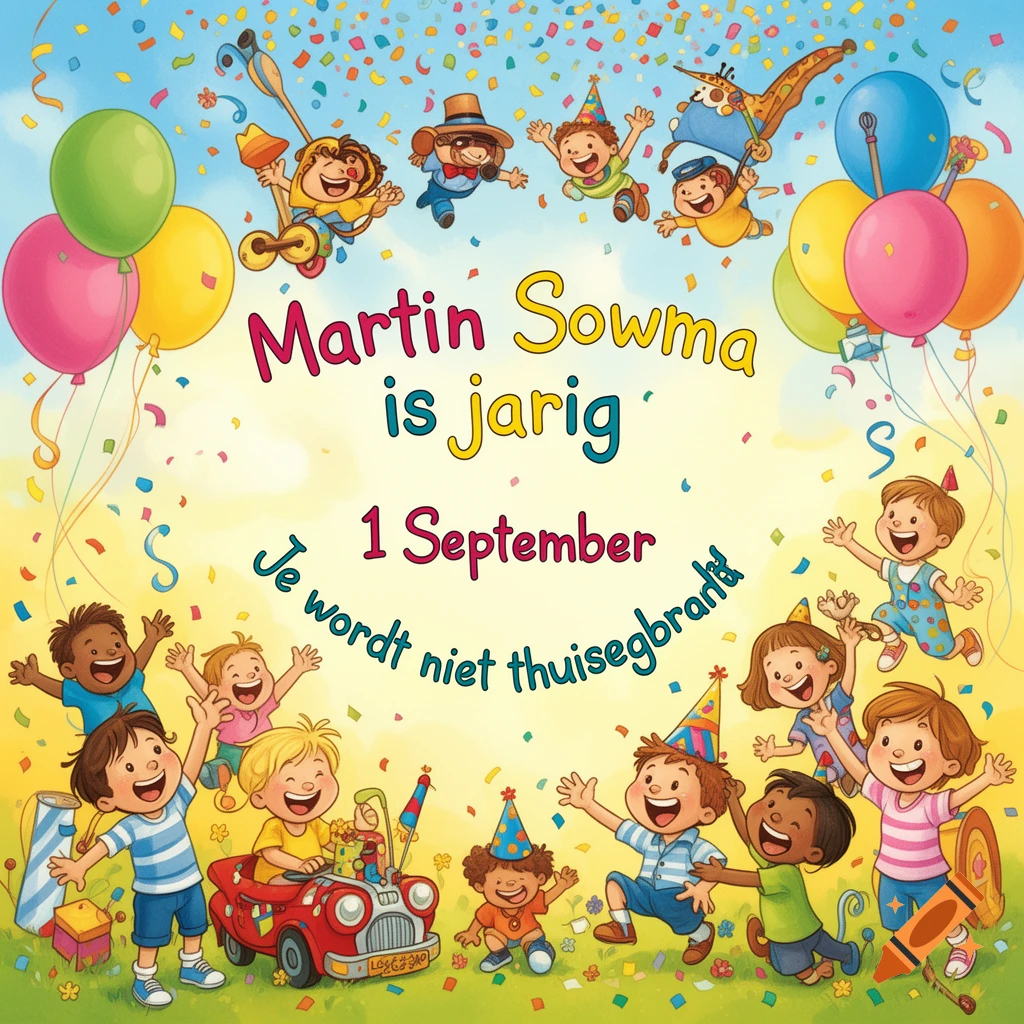 Colorful cartoon birthday invitation with happy children, balloons, confetti, and text about Martin Sowma's birthday on September 1st.