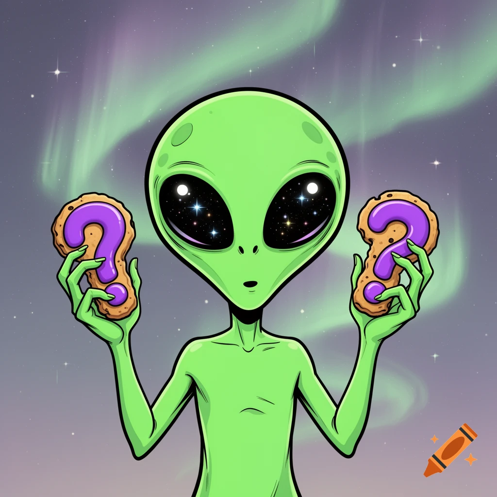 A friendly green alien with starry eyes holds purple question mark cookies against a starry sky with green aurora.