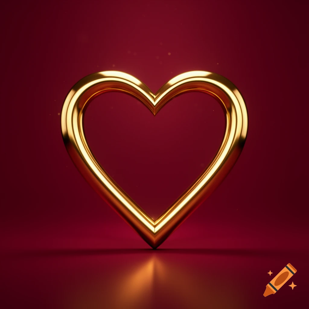 A bold, shiny 3D golden heart outline stands against a deep red background with subtle reflections.