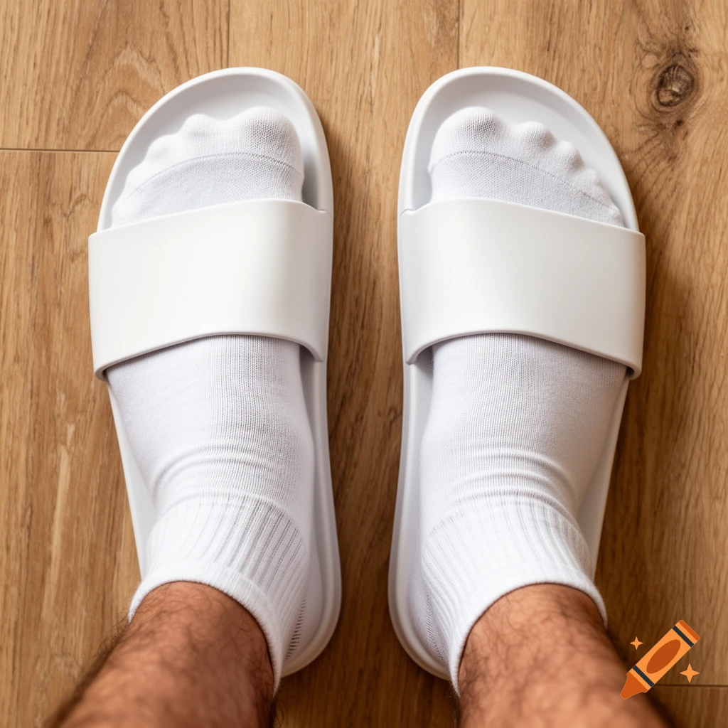 A top-down view of feet wearing white low-ankle socks and white slide sandals on a wooden floor.